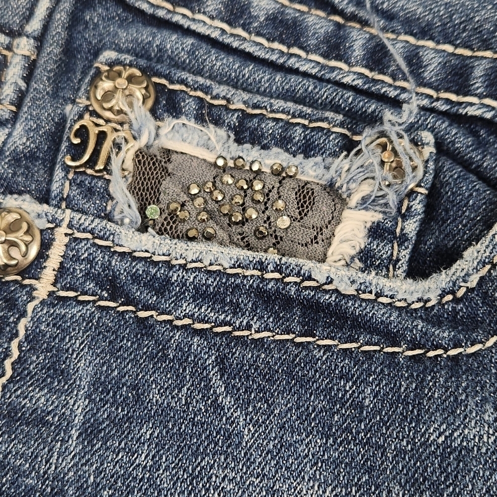 Miss Me Medium Wash Boot Cut Denim Jeans Black lace And Jewel Embellishments - Picture 4 of 13